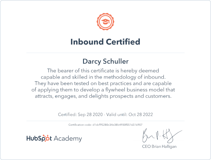 Darcy Schuller HubSpot Inbound Certified - Content Marketer 