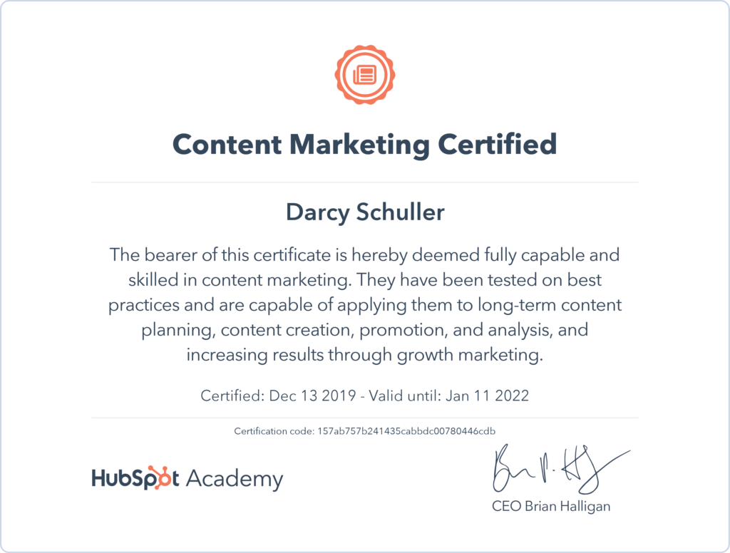 Darcy Schuller HubSpot Content Marketing Certified 